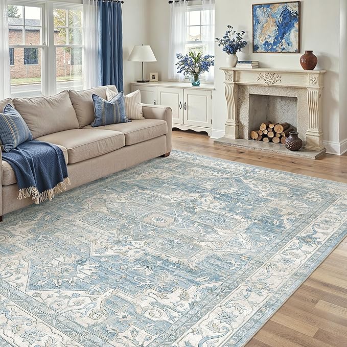 9x12 Washable Vintage Area Rug Blue Oriental Living Room Bedroom Throw Rug Neutral Non Slip Soft Low Pile Carpet for Dining Room Office Nursery Indoor