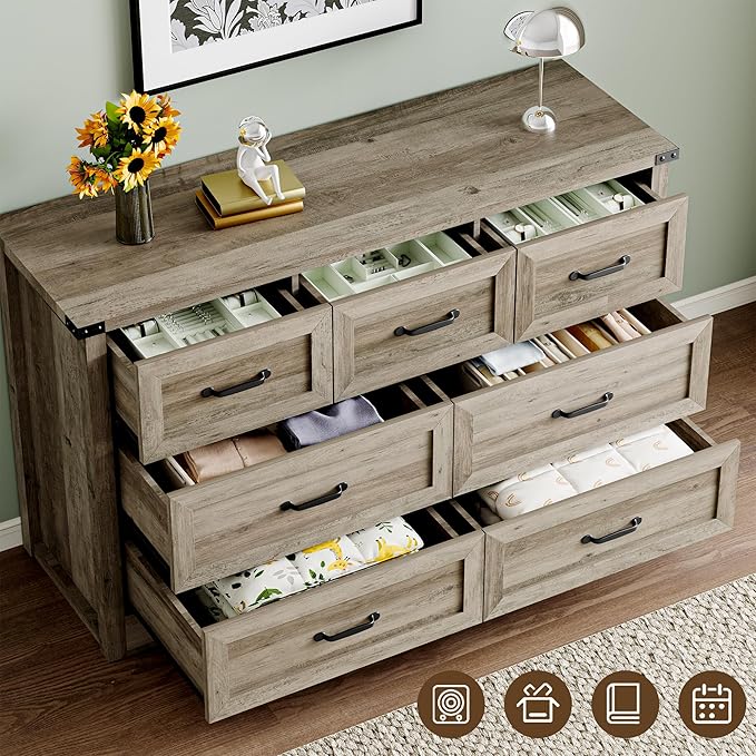 BORNOON 7-Drawer Dresser for Bedroom, Modern Wooden Chest of Drawers with Metal Handles, Anti-Tipping Design, Sturdy and Stable Storage Organizer for Living Room, Entryway, Home Office