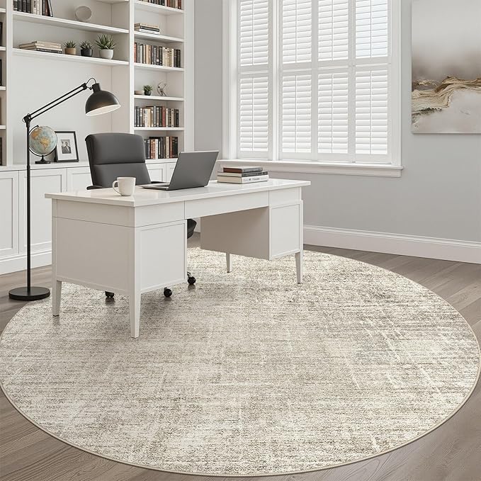 8ft Round Rug Living Room: 8x8 Washable Large Neutral Brown Circle Area Rug Abstract Soft Modern Stain Resistant Indoor Floor Non-Slip Carpet for Bedroom Nursery Kids Office Playroom Dining Room