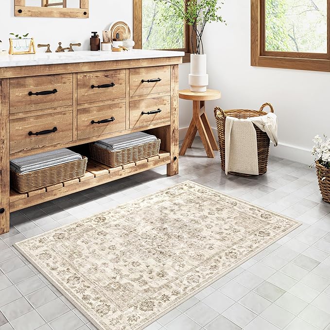 2x3 Washable Neutral Area Rug Beige Vintage Entryway Kitchen Carpet Non-Slip Soft Low Pile Farmhouse Indoor Small Throw Rug for Bedroom Bathroom Entrance