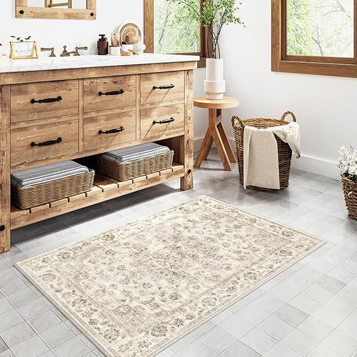 2x3 Washable Neutral Area Rug Beige Vintage Entryway Kitchen Carpet Non-Slip Soft Low Pile Farmhouse Indoor Small Throw Rug for Bedroom Bathroom Entrance