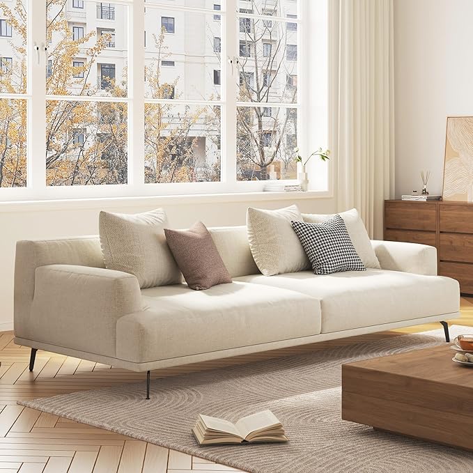 3-Seater Living Room Sofa - Modern Leisure Modular Sofa with Wooden Frame and Metal Legs, Soft Cotton-Linen Fabric, Easy to Install, Suitable for Office, Apartment, and Living Room, Grey, 82.6"