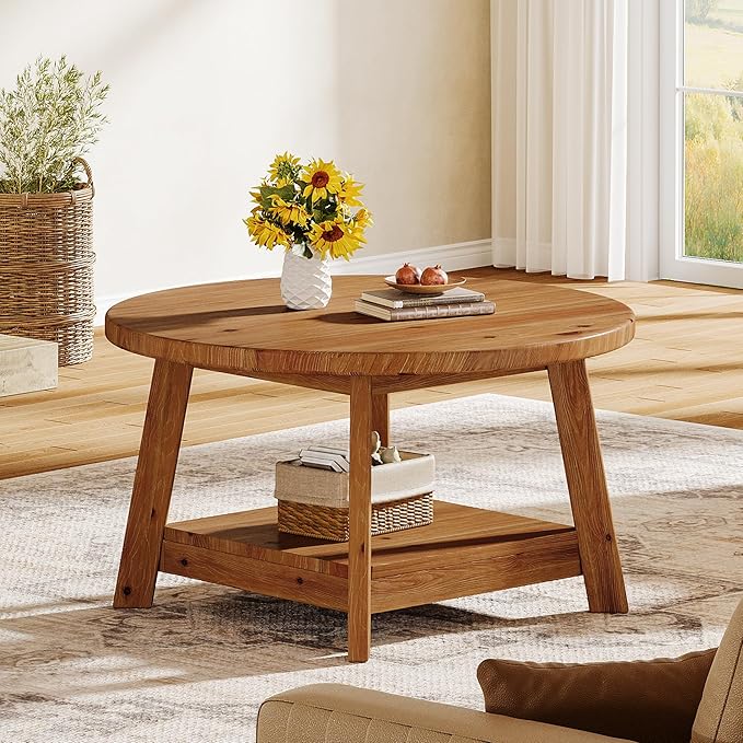 Solid Wood Round Coffee Table for Living Room, 31.5” Farmhouse Wooden 2-Tier Circle Center Cocktail Accent Table with Storage Shelf and Tapered Legs for Apartment, Small Space, Brown