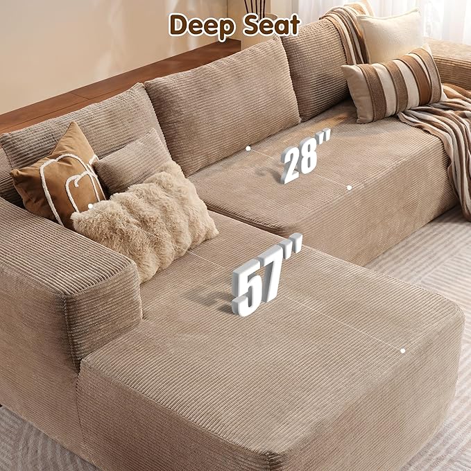 ovios 104" Cloud Boneless Couch with L-Shape Chaise,Modern Sectional Modular Sofa with Deep Seat, Upholstered Couches for Living Room Bedroom,No Assembly Required, Camel (Corduroy Fabric)