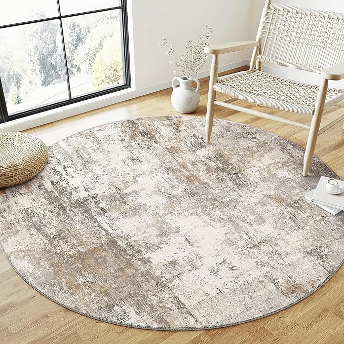 8x8 Washable Round Rug Brown Grey Abstract Non Slip Soft Low Pile Circle Rug for Living Room Bedroom Neutral Modern Indoor Carpet for Dining Room Office Entryway Home Decor