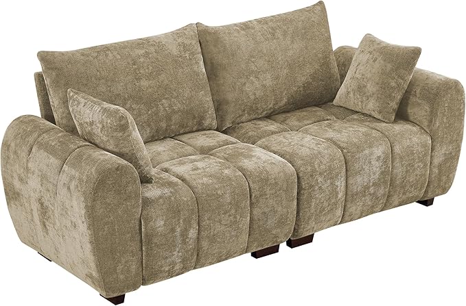 81.5" Chenille Love Seat Sofa, 2 Seater Modular Sectional Couch with Deep Seat, Solid Wood Legs, Cloud Couch for Bedroom, Living Room, Mid Century Modern Loveseat, Tufted Sofa, Brown