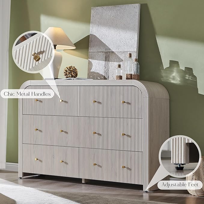 T4TREAM Fluted 6 Drawers Dresser for Bedroom, 54" Wide Modern Chest of Drawers with Thickened Curved Profile Design, Wood Dressers TV Stand for Bedroom, Living Room, Hallway, Alder White