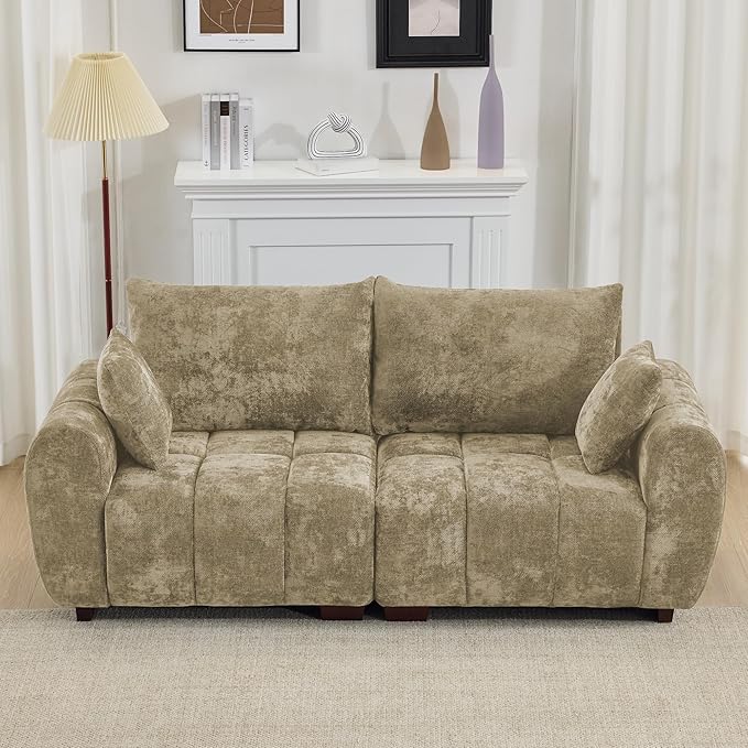 81.5" Chenille Love Seat Sofa, 2 Seater Modular Sectional Couch with Deep Seat, Solid Wood Legs, Cloud Couch for Bedroom, Living Room, Mid Century Modern Loveseat, Tufted Sofa, Brown