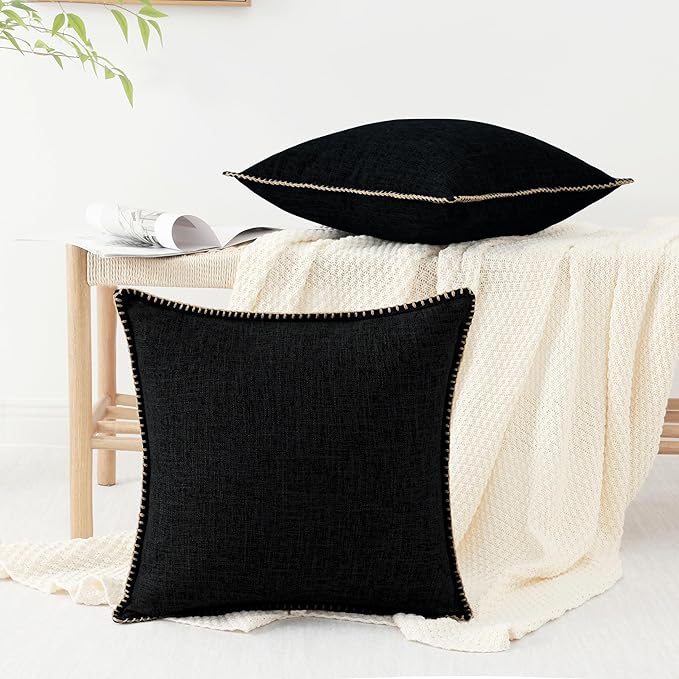 decorUhome Summer Decorative Throw Pillow Covers 16x16 Set of 2 Square Faux Linen Outdoor Neutral Farmhouse Pillow Covers with Stitched Edge for Couch Sofa Living Room, Black