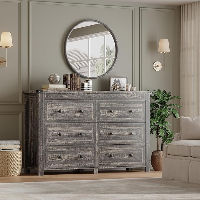 BORNOON 6-Drawer Dresser, Modern Wooden Storage Chest of Drawers, Dresser TV Stand, Wood Drawer Organizer with Metal Handles for Bedroom, Living Room, Hallway