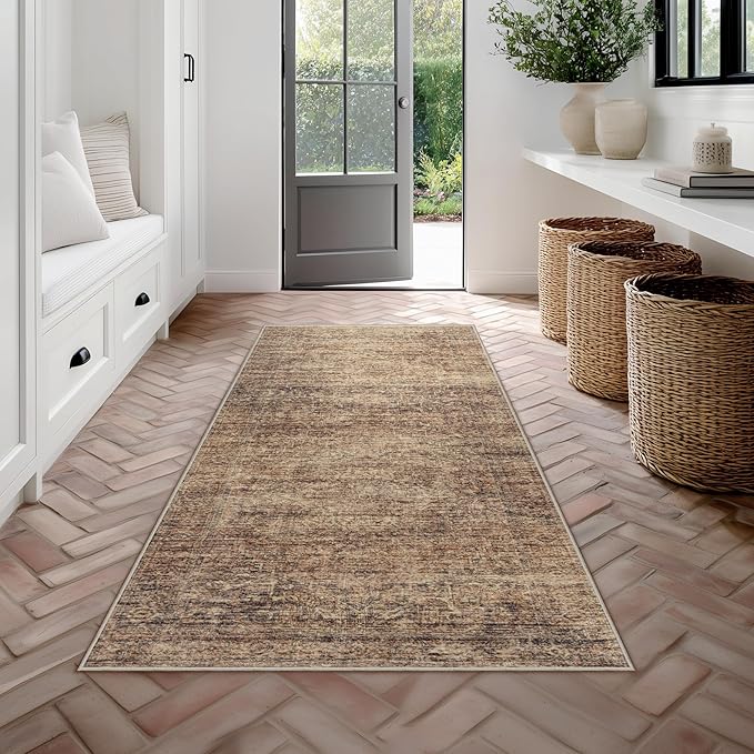 FMFUNCTEX 2x5 Washable Runner Rug Terracotta Vintage Neutral Distressed Oriental Non Slip Low Pile Retro Hallway Entryway Indoor Carpet for Kitchen Living Room Bedroom Bathroom Laundry Entry Bedside