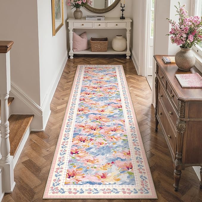 2x8 Washable Runner Rug Pink Blue Floral Abstract Hallway Kitchen Throw Rug Modern Non Slip Soft Low Pile Carpet for Bathroom Laundry Bedroom Living Room