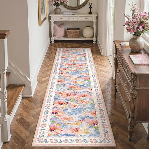 2x8 Washable Runner Rug Pink Blue Floral Abstract Hallway Kitchen Throw Rug Modern Non Slip Soft Low Pile Carpet for Bathroom Laundry Bedroom Living Room