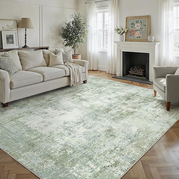 9x12 Washable Area Rug Sage Green Abstract Non Slip Soft Low Pile Rug for Living Room Bedroom Dining Room Office Neutral Modern Indoor Large Throw Carpet for Home Decor