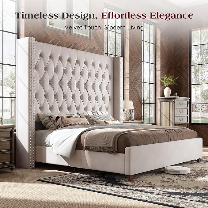 PaPaJet King Size Bed Frame with 61.4" Tall Headboard, Velvet Upholstered Platform and Handmade Deep Button Tufting, No Box Spring Required, Cream