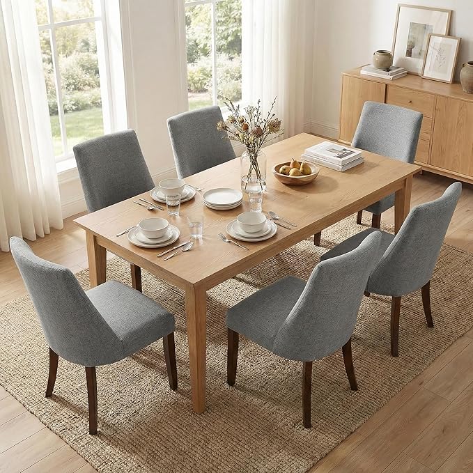 Wooden Dining Chairs Set of 6, Upholstered Farmhouse Fabric Dining Room Chair, Mid Century Kitchen Chair for Restaurant & Cafe, Light Grey