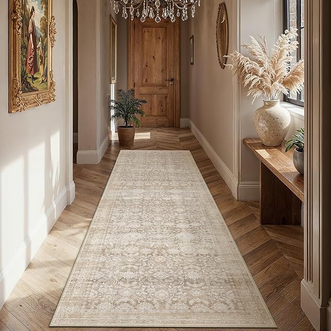 3x8 Beige Washable Neutral Runner Rug for Living Room Floral Non Slip Low Pile Runner Indoor Vintage Traditional Stain Resistant Distressed Carpet Kitchen Bedroom Dining Room Hallway Bathroom