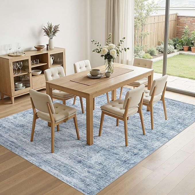 cotiled Large Area Rugs for Living Room 8x10, Machine Washable Rugs with Non Slip Backing Modern Neutral Abstract Rugs Stain Resistant Distressed Carpets for Home Office Decor (8x10 Blue)