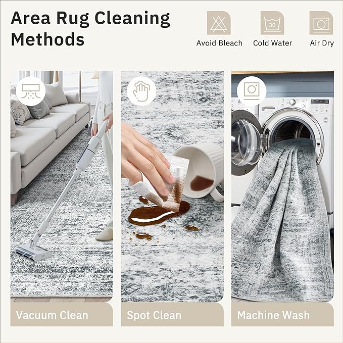 Soalmost Washable Area Rug 8x10, Large Soft Rugs for Living Room Farmhouse Vintage Gray Area Rugs for Bedroom Dining Room Non-Slip Stain Resistant Under Table Rug Grey