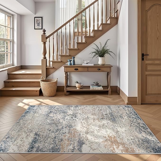 Art&Tuft Washable Rugs 4x6, Anti-Slip Backing Abstract 4x6 Area Rug, Stain Resistant Rugs for Living Room, Foldable Machine Washable Area Rug (4'x6', Blue)