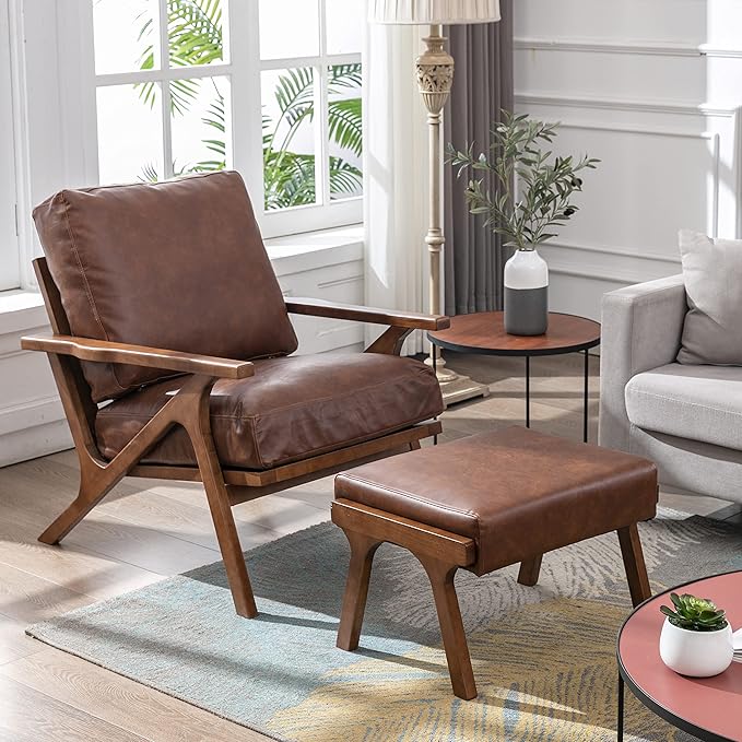 chairus Mid-Century Modern Brown Faux Leather Accent Chairs with Ottomans Set of 2, Comfy Upholstered Lounge Armchairs with Solid Wood Frame, Retro Reading Chairs for Living Room Bedroom Office