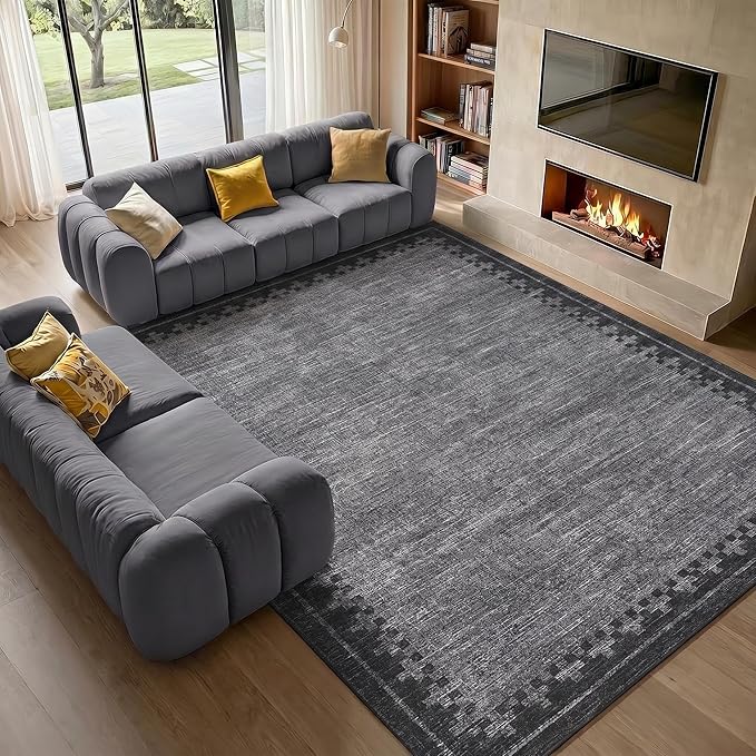 GarveeHome Washable 9x12 Large Area Rug for Living Room Bedroom Modern Non Slip Low Pile Carpet Geometric Cross Brdered Stain Resistant Grey Bedroom Laundry Room Rugs Kids-Friendly& Pets-Friendly