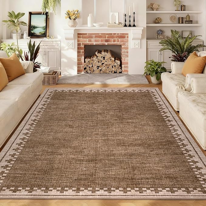 GarveeHome 8x10 Neutral Area Rugs Machine Washable&Non Slip Modern Bordered Stain Resistant Low Pile Carpet for Living Room Dining Room Bedroom Laundry Room Home Office, Brown