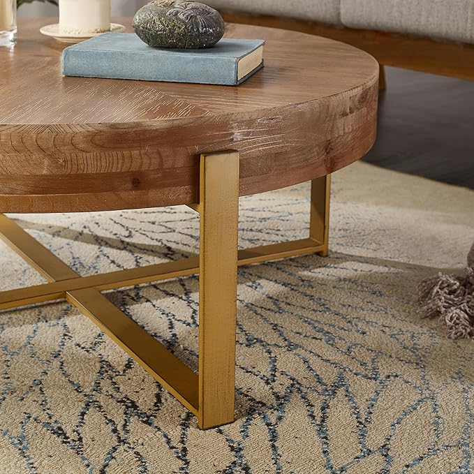 Round Wood Coffee Table for Living Room - Circle Wooden Coffee Table with Gold Metal Legs, Rustic, Vintage, Easy Assembly(Espresso,32.28" D x 32.28" W x 17.72" H)