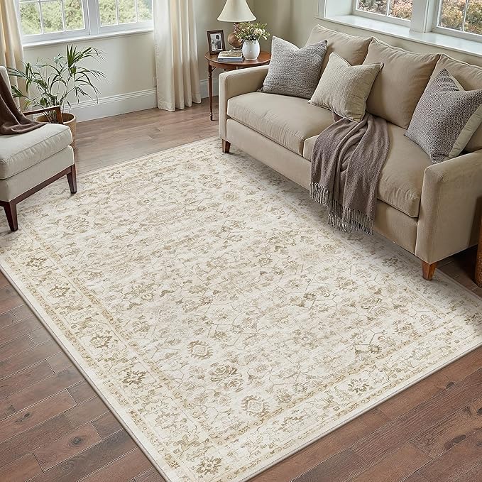 3x5 Beige Washable Neutral Area Rug for Living Room Soft Floral Non Slip Throw Rug Modern Low Pile Stain Resistance Doormat Distressed Carpet Entrance Laundry Room Bedroom Office