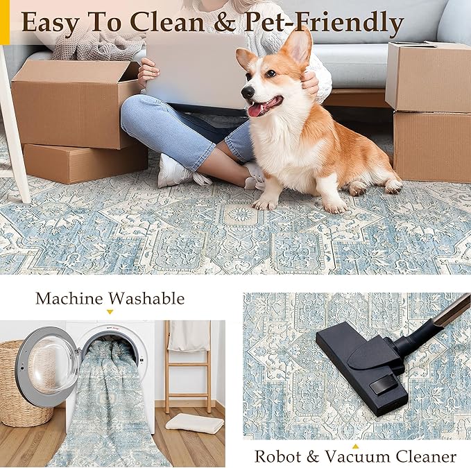 2x6 Washable Vintage Runner Rug Blue Oriental Hallway Kitchen Throw Rug Neutral Non Slip Soft Low Pile Carpet for Bathroom Laundry Bedroom Living Room