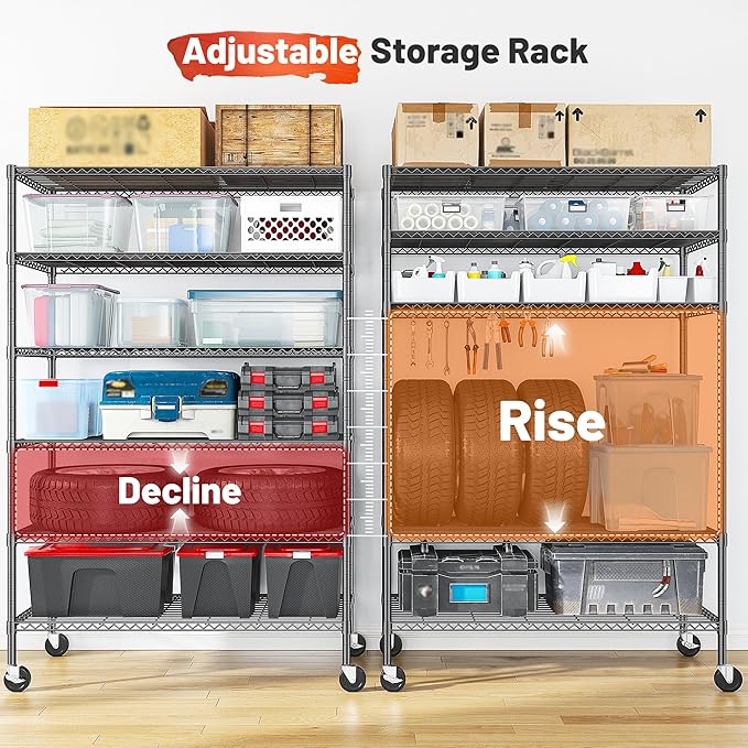 Romorgniz 82" H X45 W X18 D Storage Shelves with Wheels, 6 Tier Wire Shelving Adjustable Metal Shelving Pantry Shelves Capacity 2100LBS for Garage Shelving, Pantry, Kitchen, Closet,Black,3P