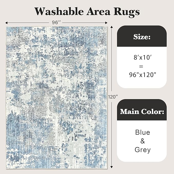 Art&Tuft Washable Rug, Anti-Slip Backing Abstract 8x10 Rug, Stain Resistant Rugs for Living Room, Foldable Machine Washable Area Rug (TPR53-Blue, 8'x10')