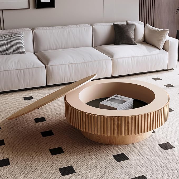 39.37" Round Coffee Table with Storage for Living Room Wood Coffee Table Contemporary Circle Center Table for Apartment, Easy Assembly, Oak