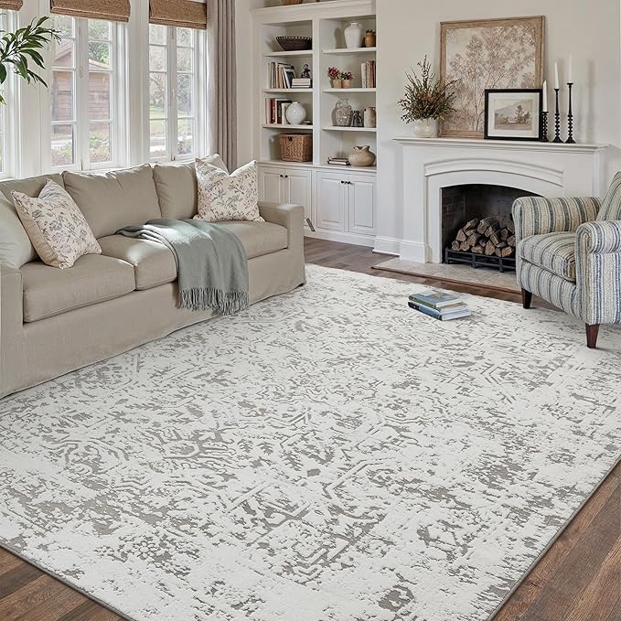 8x10 Fluffy Area Rug Grey Shag Neutral Carpet for Living Room Soft Medium Pile Floral Large Rug for Bedroom Dorm Office Dining Room Kitchen Nursery Modern Decor
