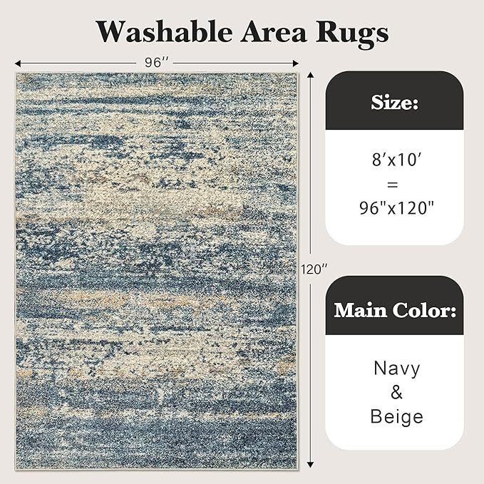 Art&Tuft Washable Rugs 8x10, Anti-Slip Backing Abstract 8x10 Area Rugs, Stain Resistant Rugs for Living Room, Foldable Machine Washable Area Rugs (8'x10', Navy)