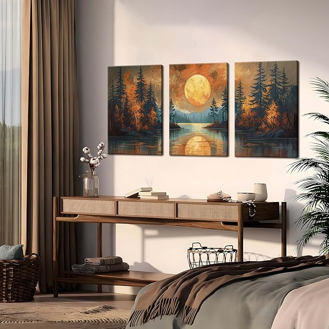 Framed Gold Mountain Forest Sunset Landscape Wall Art Set of 3, Abstract Boho Lakeside Forest Sunset Wall Decor, Vintage Nature Landscape Canvas Prints Poster for Living Room Bedroom Office 16x24 Inch