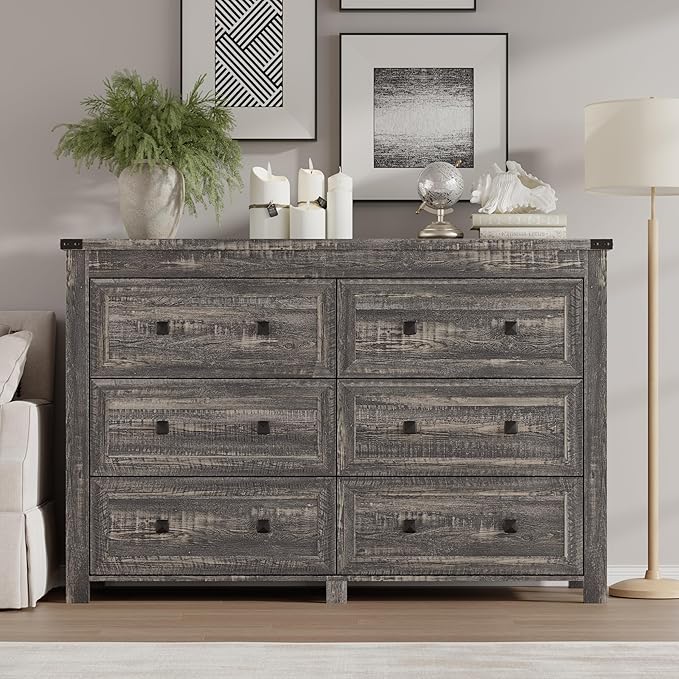BORNOON 6-Drawer Dresser, Modern Wooden Storage Chest of Drawers, Dresser TV Stand, Wood Drawer Organizer with Metal Handles for Bedroom, Living Room, Hallway