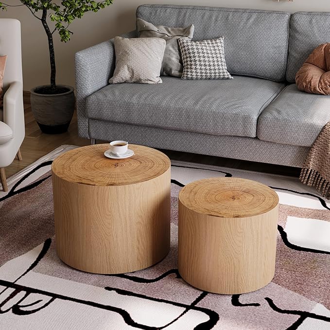 WILLIAMSPACE 18.9" Round Nesting Coffee Table Set of 2, Modern Wooden Coffee Tables Small Circle Center Table for Living Room, Accent End Table Set, No Assembling (Natural Wood)