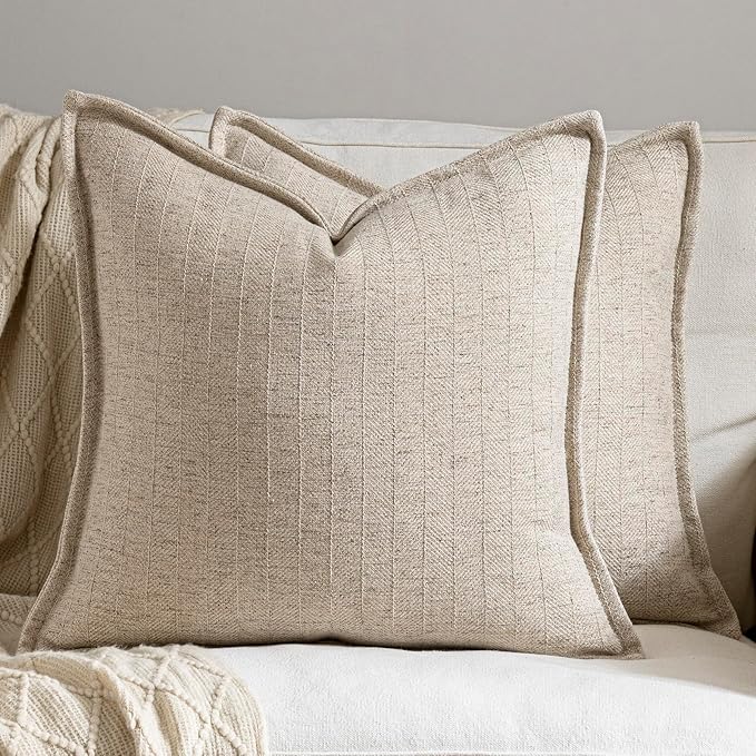 DEZENE 24x24 Linen Pillow Covers Natural Beige Pack of 2 Farmhouse Boho Neutral Accents Striped Textured Square Decorative Throw Pillow Cases for Living Room Couch Bed Home Decor