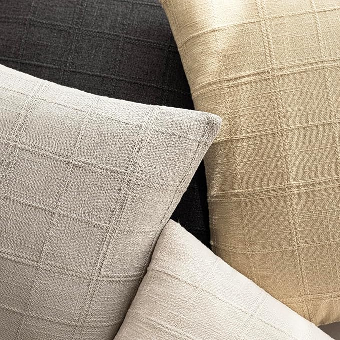 Foindtower Set of 2 Decorative Linen Check Throw Pillow Covers Neutral Farmhouse Vintage Cushion Covers Modern Coastal Boho Home Decor for Sofa Chair Couch Bedroom Living Room,22×22 Inch,Light Grey