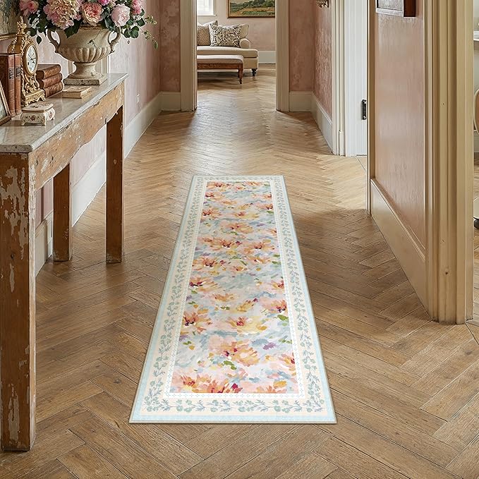 2x5 Washable Runner Rug Blue Floral Abstract Hallway Kitchen Throw Rug Modern Non Slip Soft Low Pile Carpet for Bathroom Laundry Bedroom Living Room