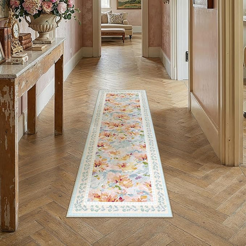 2x5 Washable Runner Rug Blue Floral Abstract Hallway Kitchen Throw Rug Modern Non Slip Soft Low Pile Carpet for Bathroom Laundry Bedroom Living Room