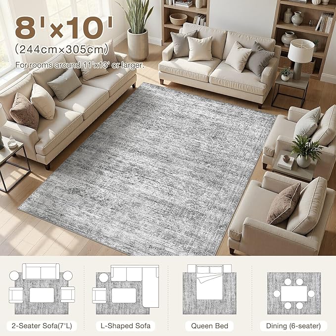 cotiled Large Area Rugs for Living Room 8x10, Machine Washable Rugs with Non Slip Backing Modern Neutral Abstract Rugs Stain Resistant Distressed Carpets for Home Office Decor (8x10 Dark Grey)