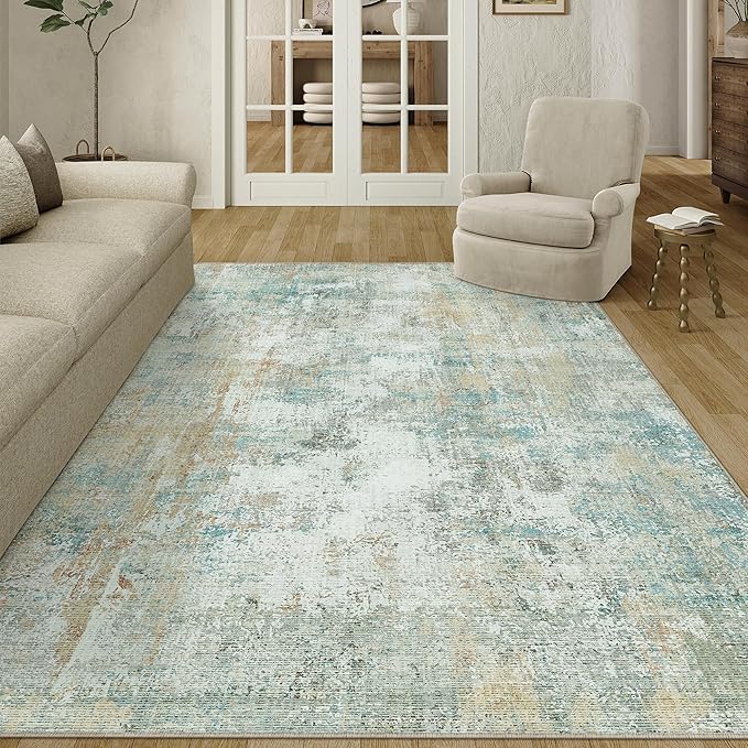 6x9 Washable Area Rug Teal Beige Abstract Non Slip Soft Low Pile Rug for Living Room Bedroom Dining Room Office Neutral Modern Indoor Throw Carpet for Home Decor