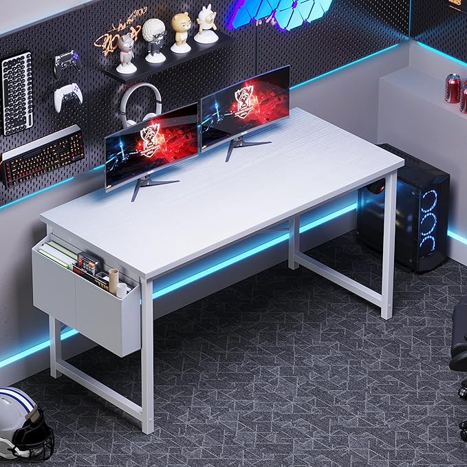 OLIXIS Computer Desk 55 Inch Home Office Desks for Small Spaces, Gaming Writing Study Work Table with Storage Bag and Headphone Hook for Bedroom, White