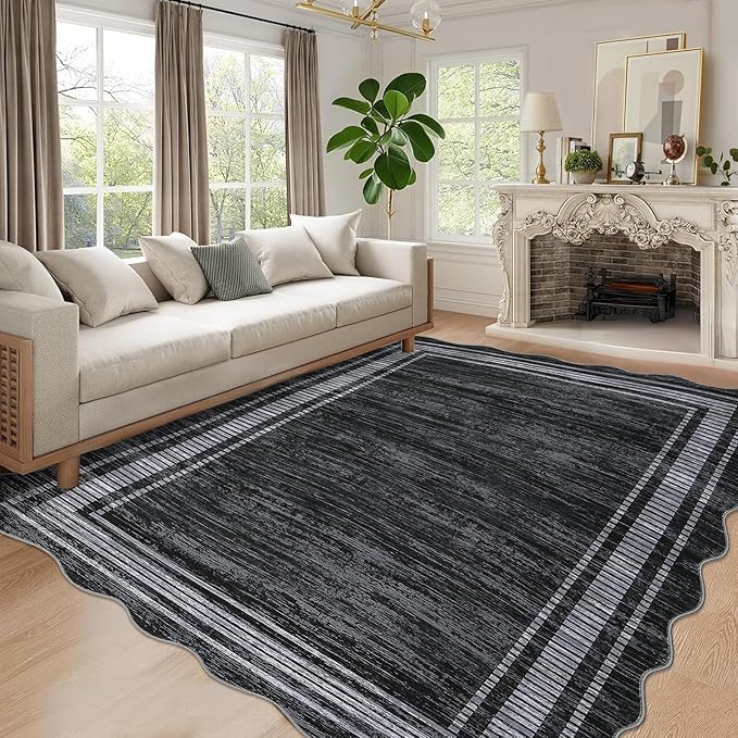 Garvee 5x7 Washable Rugs Non Slip Scalloped Area Rug for Bedroom Soft Low Pile Solid Large Bedroom Throw Carpet Stain Resistant Classic Neutral Area Rug Boho Rugs for Kitchen Nursery, Black