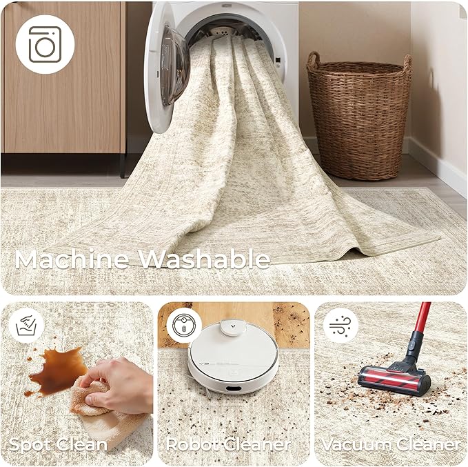 5x7 Area Rugs, Ultra-Thin Washable Rugs for Living Room, Anti-Slip Backing Area Rug for Bedroom, Soft Abstract Vintage Home Decor Rug for Dining Room(5'x7', Beige/Ivory)