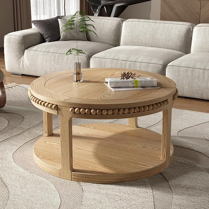 31.5" Round Wood Coffee Table, 2 Tier Modern Center Table,Solid Wood+MDF, Easy Assembly, Accent Table for Living Room, Apartment, Small Space. (Natural Wood)