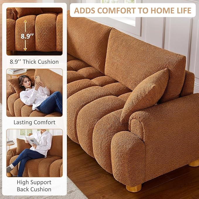 VANOMi Boucle Sofa Couch, 91" Comfy Tufted Upholstered Cloud Couches, Modern 3 Seater Sofa with Pillows, Oversized Deep Seat Sherpa Couch for Living Room, Bedroom, Apartment (Curry)