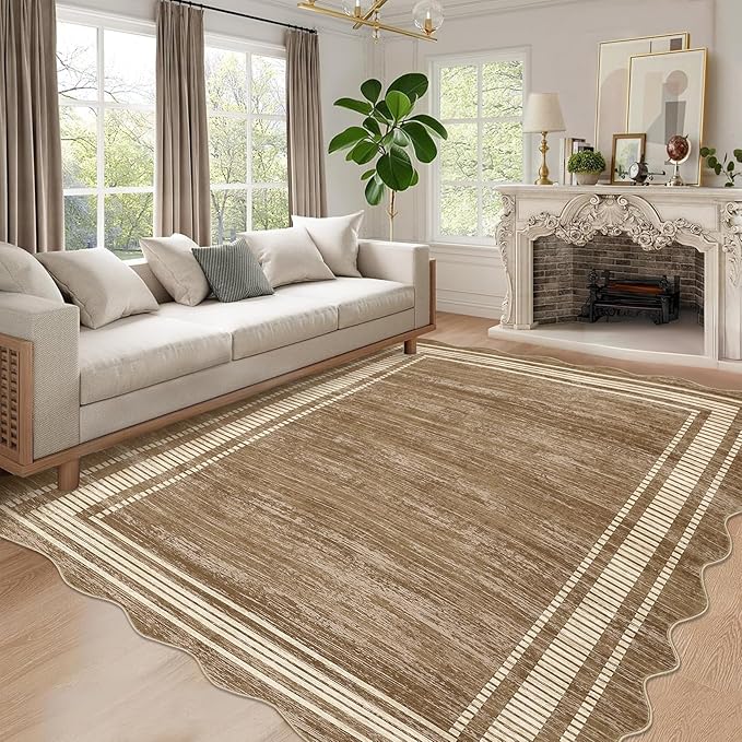 Garvee Scalloped Large Modern Abstract Area Rug 10x13 Washable Rug for Living Room, Non-Slip Soft Carpet for Bedroom, Scalloped Low-Pile Solid Print Accent Rug for Dining Room Home Office, Brown